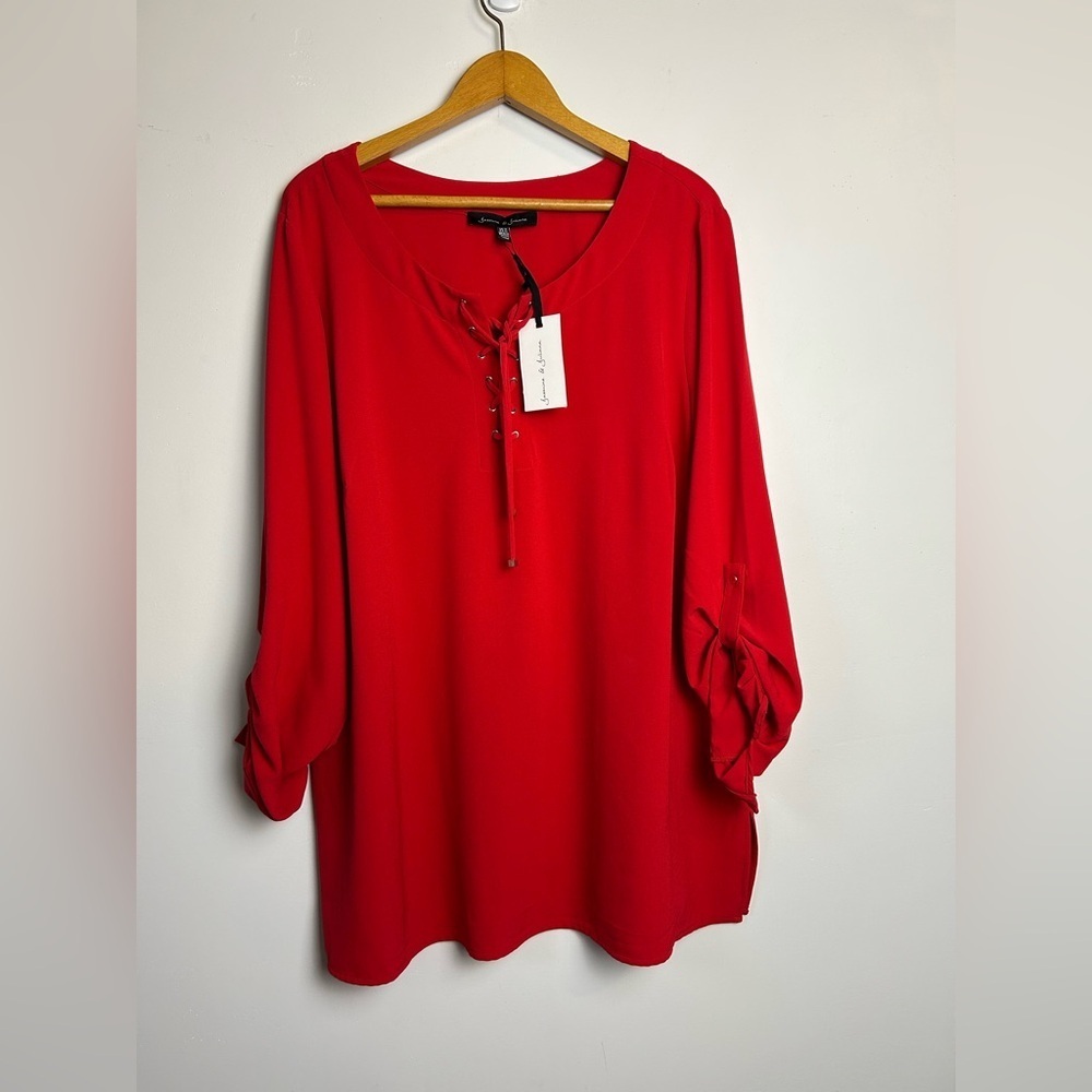Jasmine and Juliana Red Lace-Up Necklace Women's Top plus size‎ 1X Lightweight